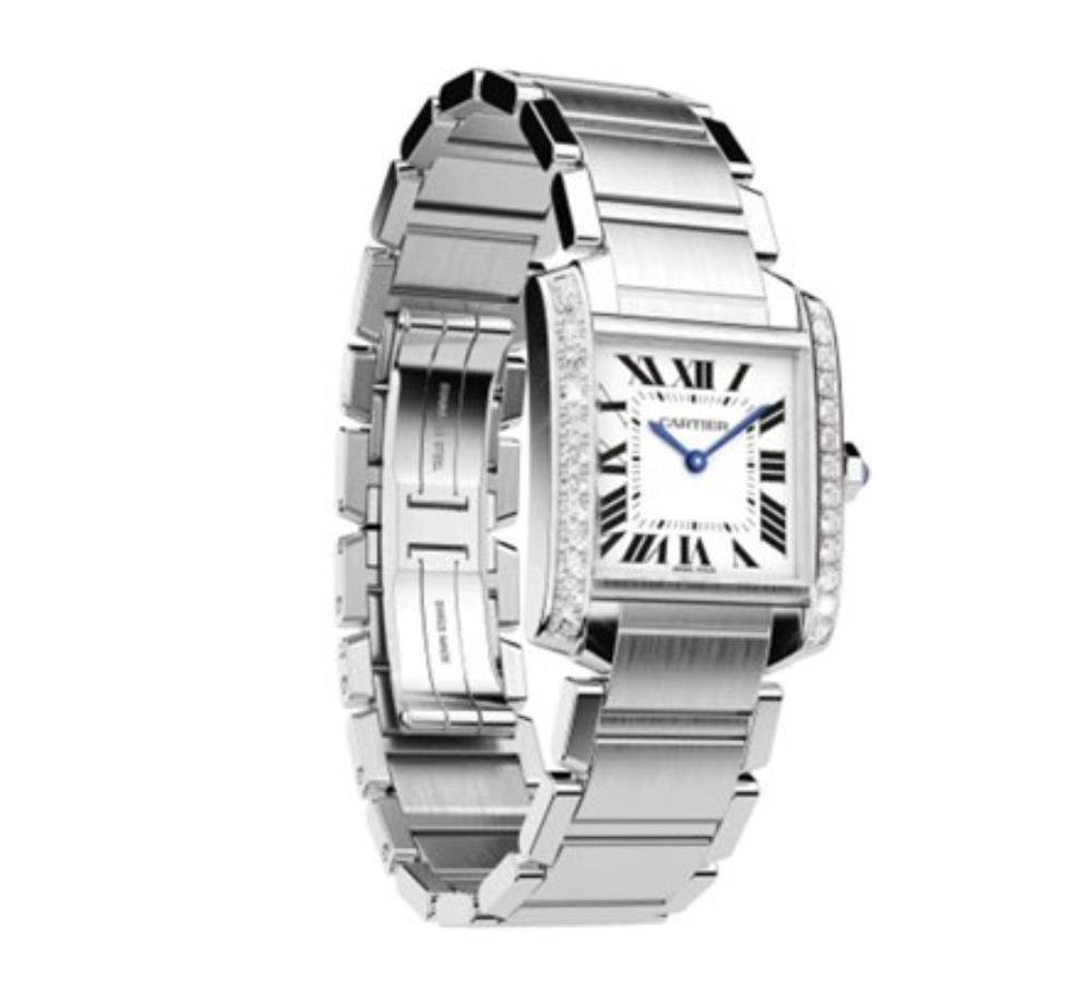 The stainless steel fake watch is decorated with diamonds.